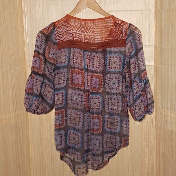 Gibson Orange Blue Sheer Boho Blouse Large - Picture 2 of 7